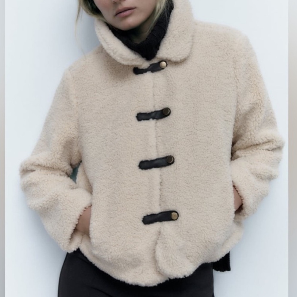 Zara Cream Teddy Jacket with Funnel Collar